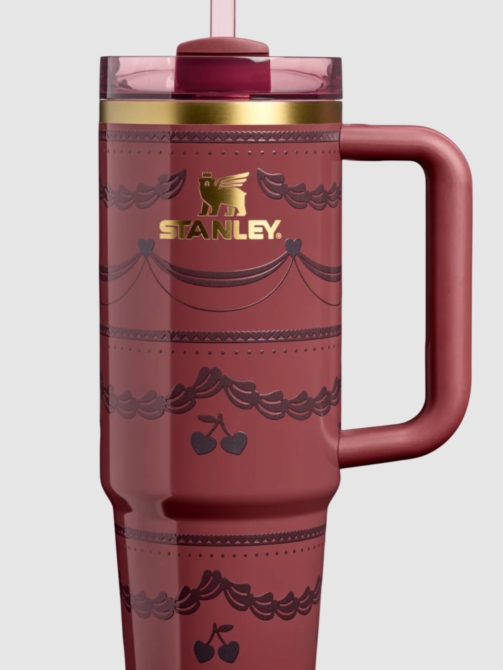 Stanley Maroon Travel Tumbler with Gold Logo and Straw 30 Oz